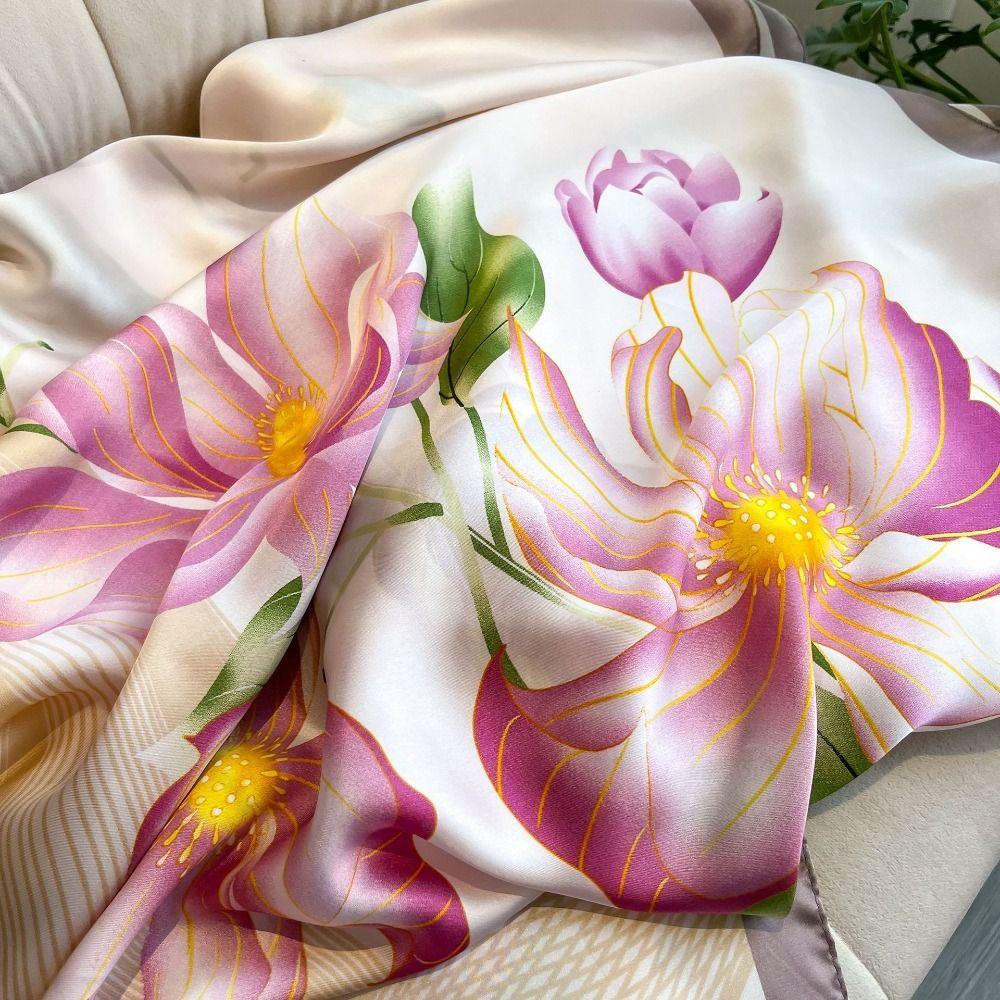 Шелковый шарф с узором «Лотос» Роскошный женский хиджаб Платки Головной платок Шифоновый шарф-накидка Весна