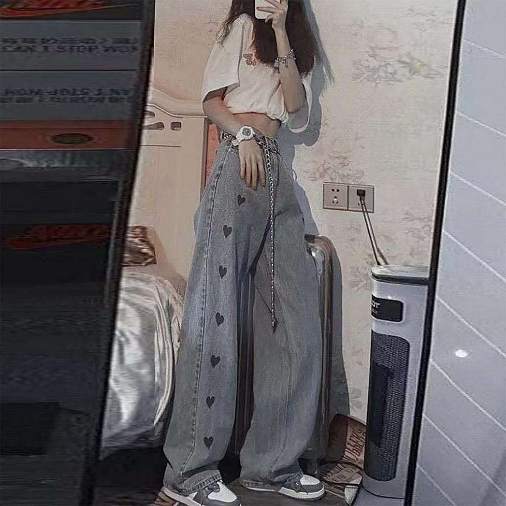 Love Embroidered Jeans For Women In Autumn, Straight, Loose, Versatile, High Waist, Slim, Wide Leg Long Pants For Trendy Women