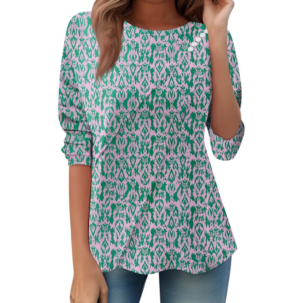 Women's Loose Casual Long Sleeve Top Round Neck Button Pull Stripe Prints T Shirt