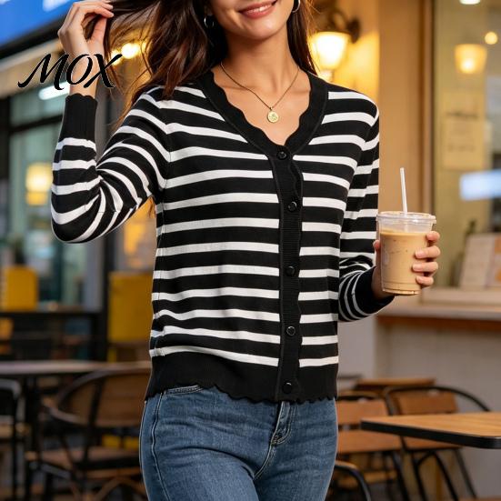Cropped V-neck Sweater Women Wavy V-Neck Cardigan Sweater, Long Sleeve Button-Up Knitted Crop Office Wear Top, Casual Solid Color Striped Knitwear for