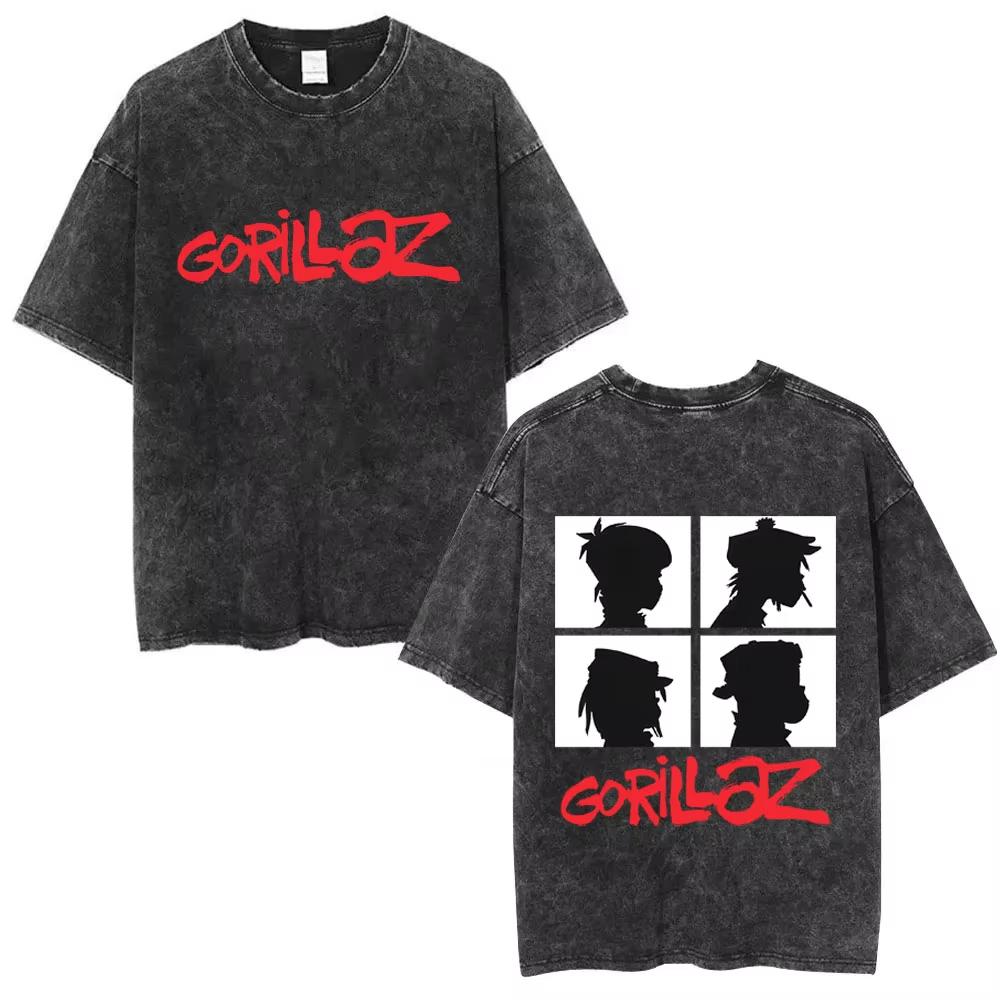 Washed Vintage Rock Band Gorillaz Album Graphic T-shirt Men's Women Hip Hop Fashion Oversized T Shirts Male Cotton Streetwear
