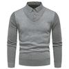 Men Fall Winter Sweater Fake Two-piece Long Sleeve Lapel Buttons Striped Pullover Knitted Slim Fit Soft Warm Elastic Lapel Men Business Style Sweater