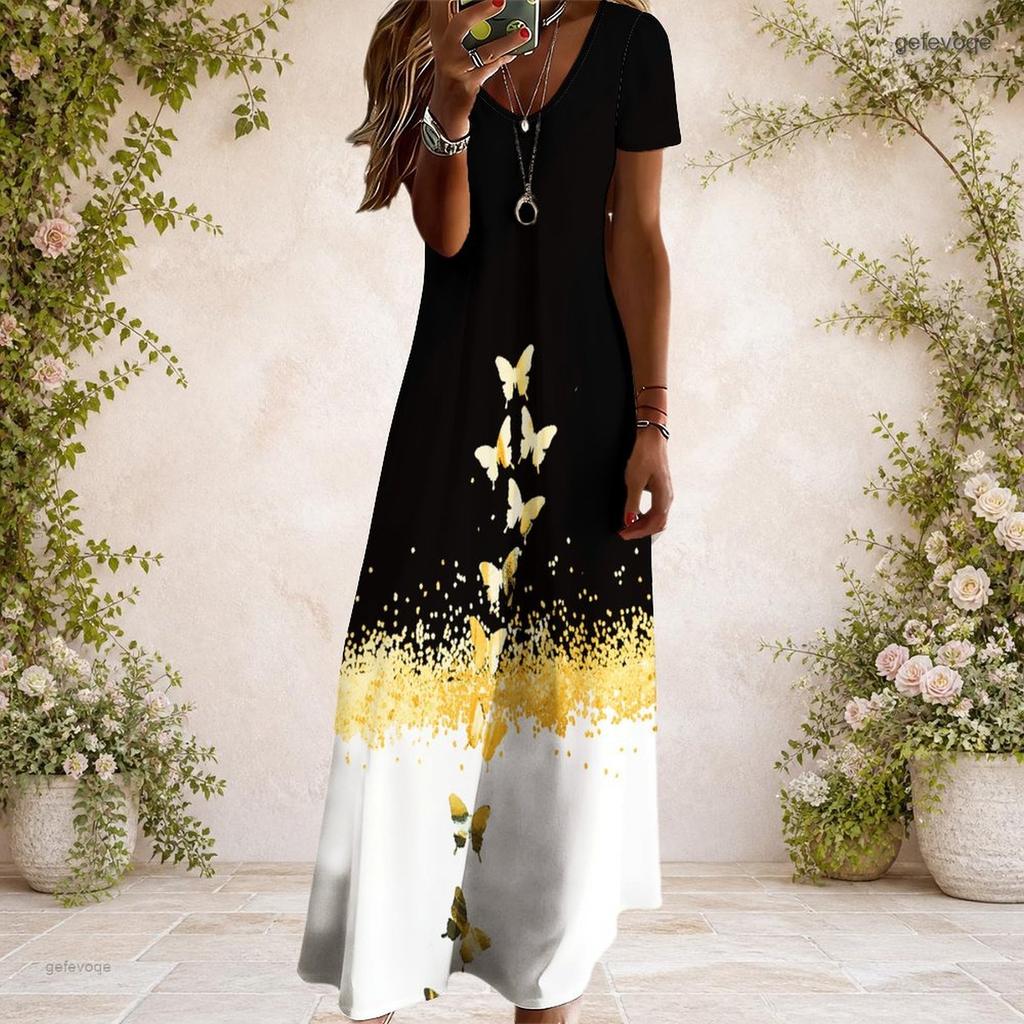 Women Plus Size Black White V Neck Short Sleeve Butterfly Printed Long Dress
