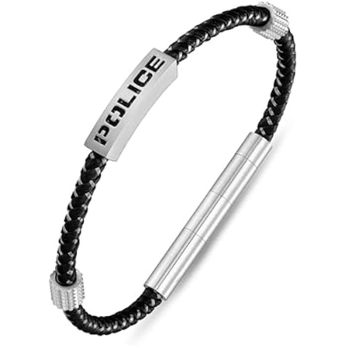 Bracelet - POLICE - Assault - Cuir noir - Acier inoxydable - Pour homme
