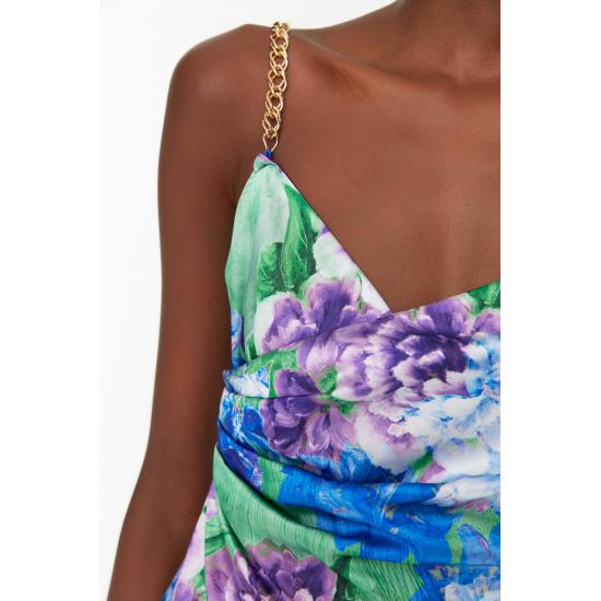 Multi Colored Floral Printed Satin Dress