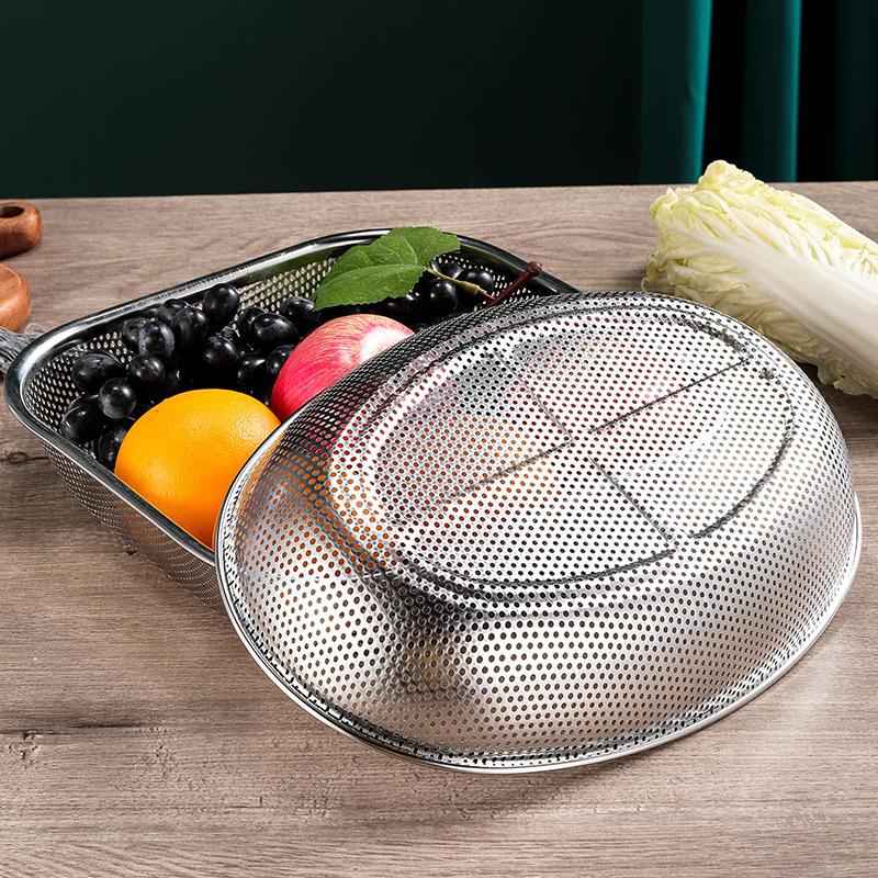 Stainless Steel Dense Hole Drain Basket Rice Sieve Fruit Vegetable Storage Basket Kitchen Mesh Sifter Strainer Cleaning Tools