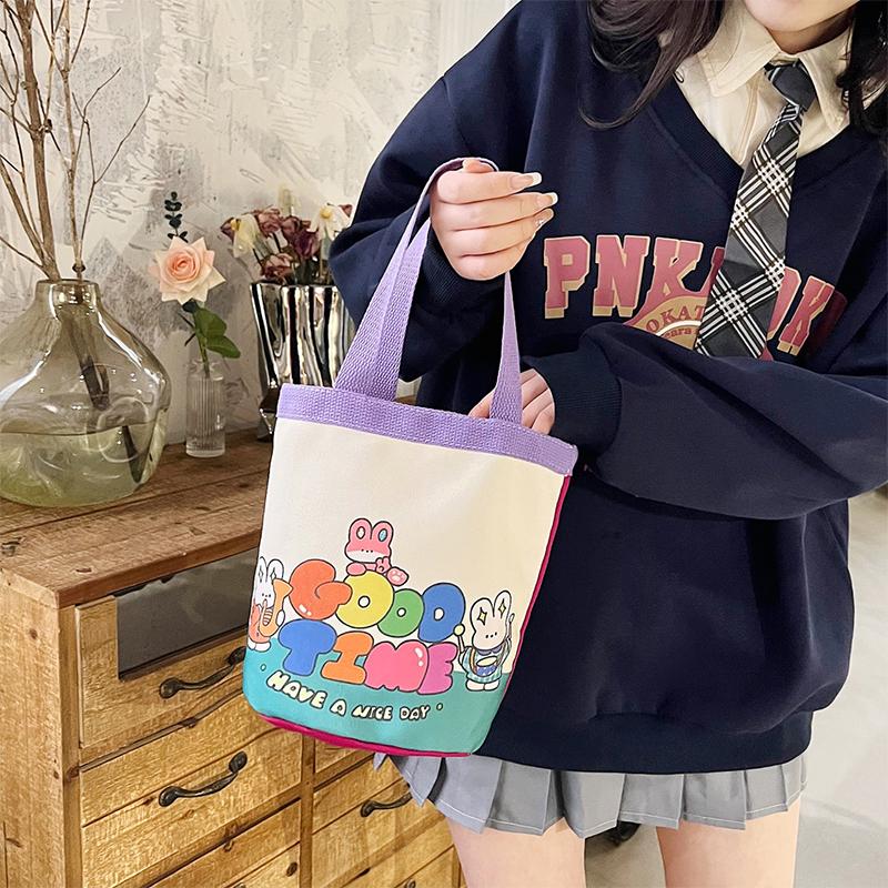Прекрасная сумка-ведро с мультяшным принтом, портативная холщовая сумка-тоут, студенческая сумка-цилиндр для обеда