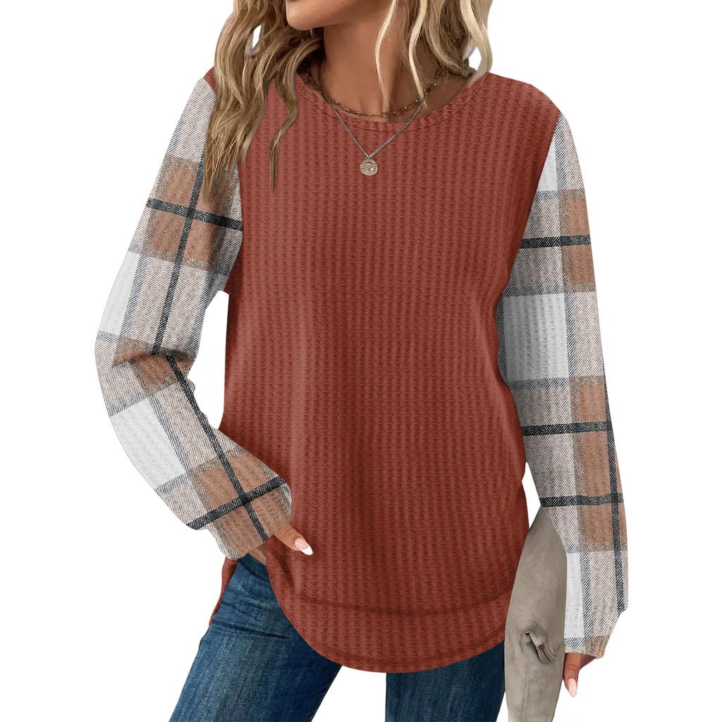 Женский повседневный топ свободного кроя с круглым вырезом и длинными рукавами в клетку