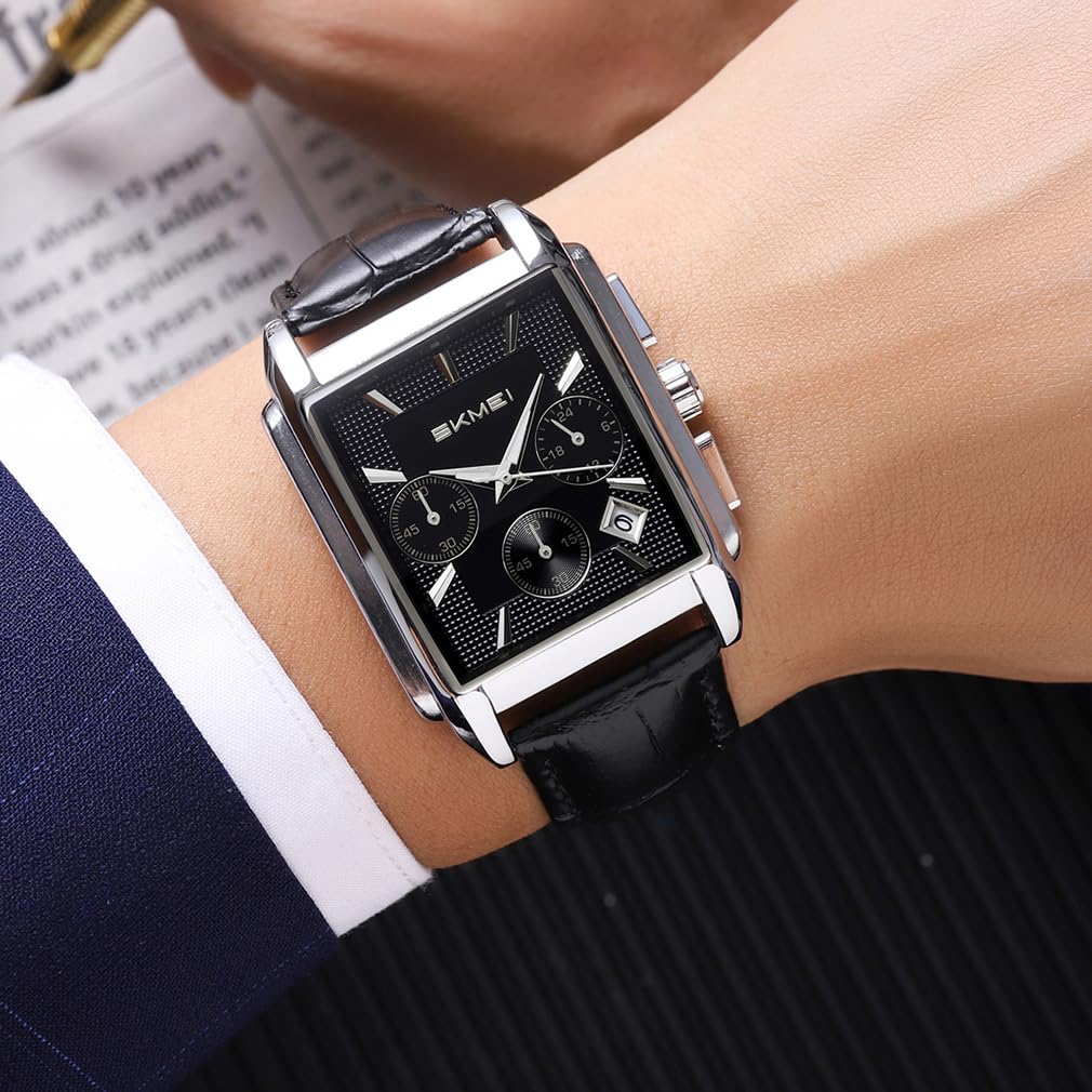 Skmei Квадратные часы Черный кожаный ремешок Стильные наручные часы Хронограф Водонепроницаемые Брендовые Аналоговые Часы в стиле Бизнес-кэжуал Роскошный подарок Серебристые Черные часы для