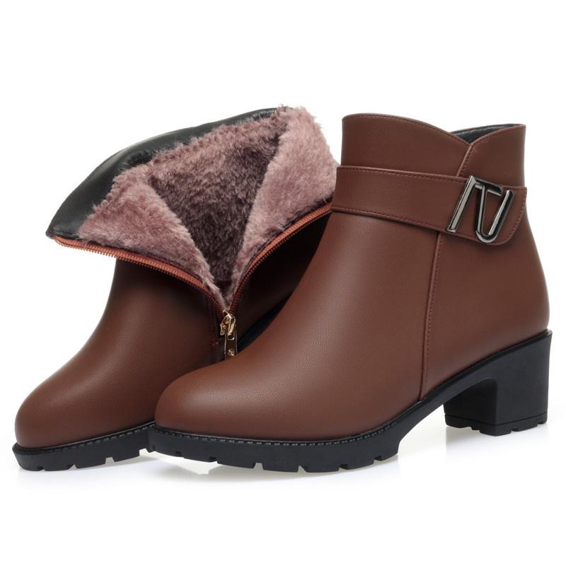 Fashion Comfort Soft Leather Women Round Toe Zipper Anti-slip Middle Heel Short Boots Winter Warm Thick Wool Thick Sole Snow Boots