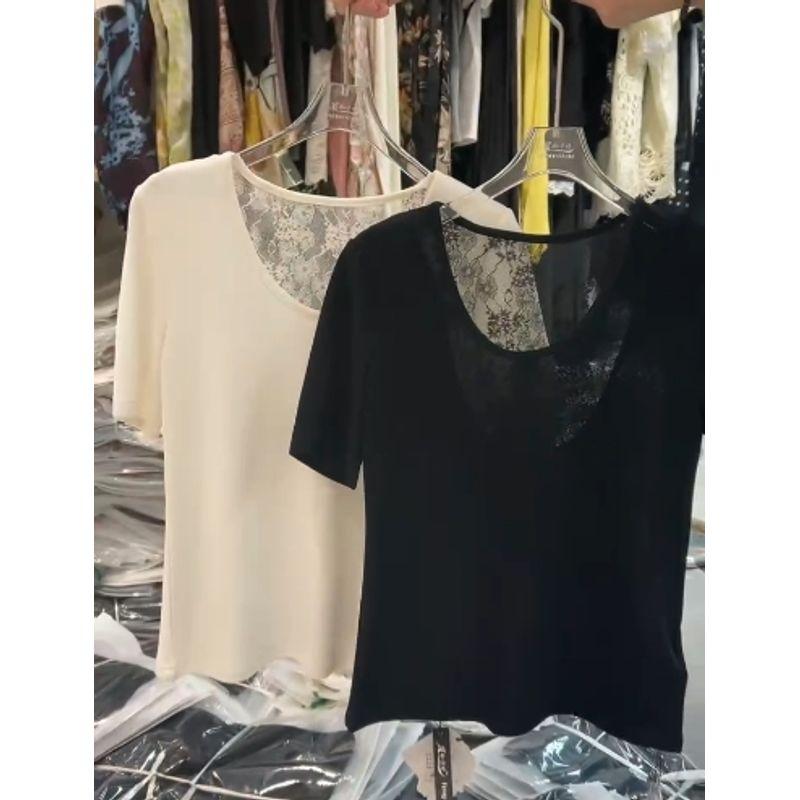 Plaid Into the Skin! Elegant Women's Tencel Cotton Beaded Short Sleeve Pullover Pure Color Series T-shirt Summer Floral Lace