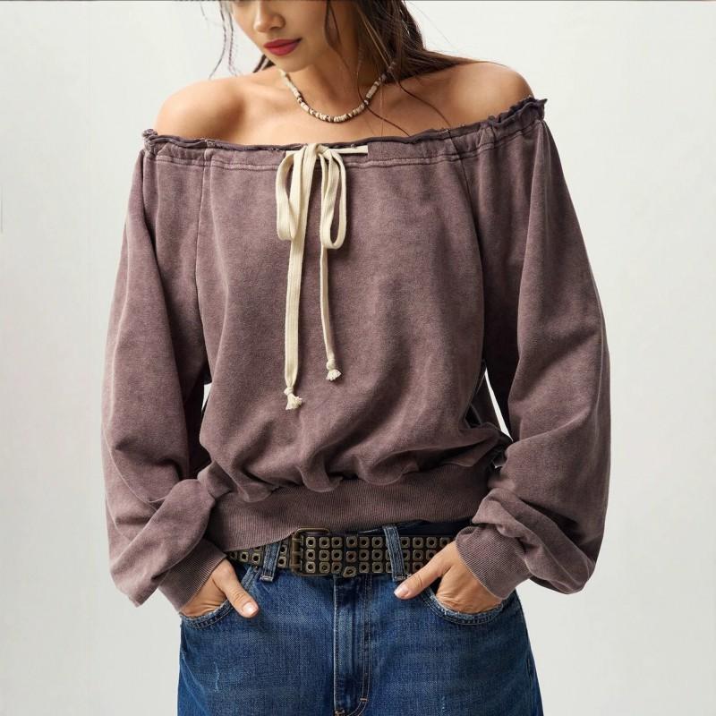 Womens Loose Fit Drawstring Off-Shoulder Hoodless Sweatshirt Winter 2026 Casual Cotton Blend Long Sleeve Top