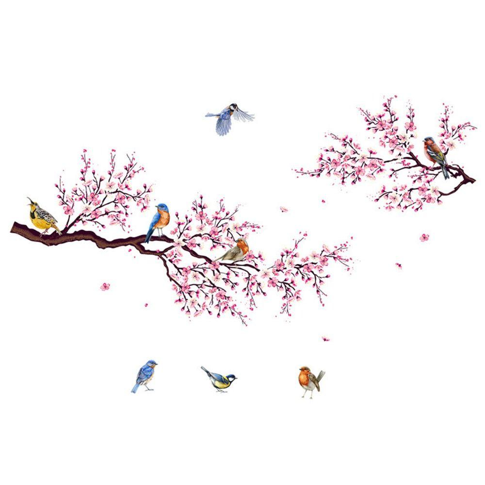 Самоклеящиеся настенные наклейки в китайском стиле с изображением цветов, птиц на ветке дерева, наклейки для офиса