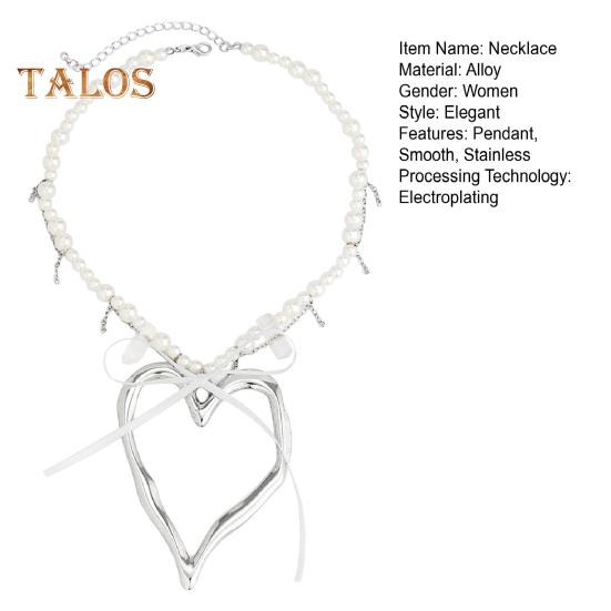 Женское ожерелье из искусственного жемчуга с большим кулоном в виде сердца, полая цепочка с бантом, декор, регулируемая длина, украшение из нержавеющей стали для шеи, ювелирные изделия, вечерние, пляжное ожерелье на ключице