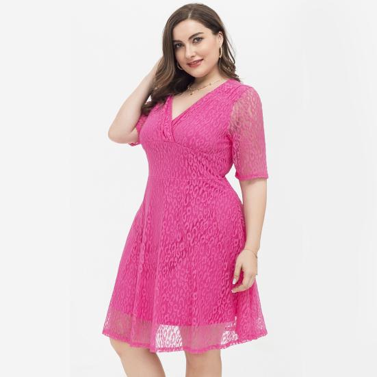 Plus Size Dress Lace V Neck Short Sleeves Leopard Pattern Double-layered Prom Wedding Party Midi Dress Summer Short Dress