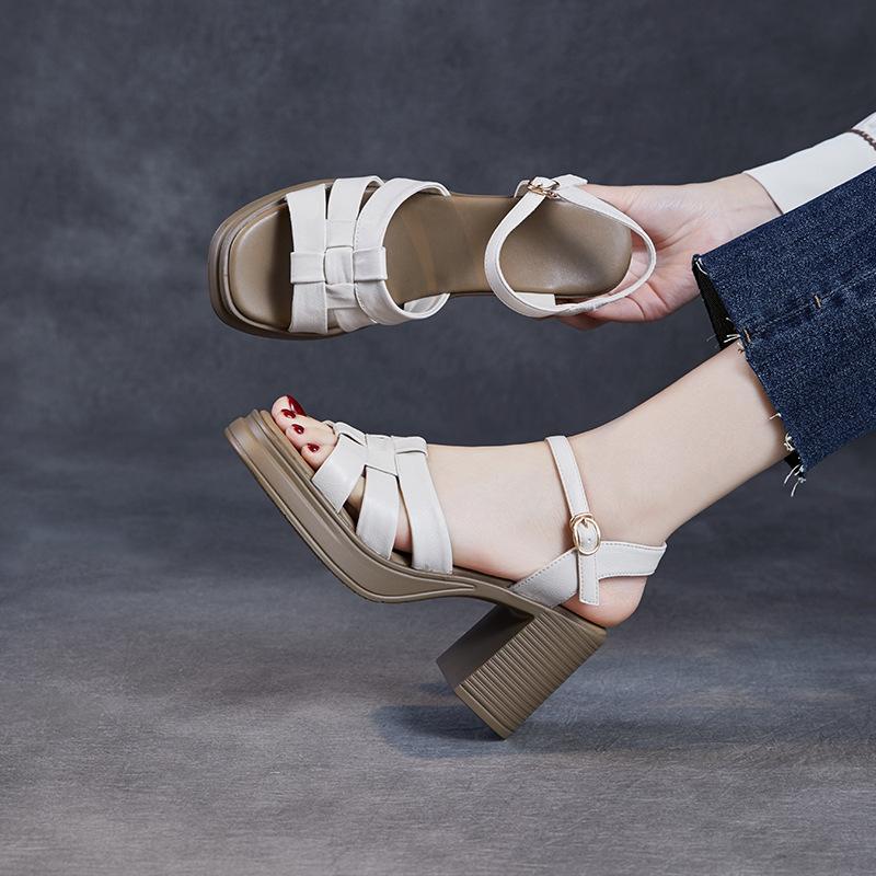 Fashion Top Layer Cowhide Roman Sandals For Women, New High Heels And Height Increasing Sandals For Spring And Summer 2025
