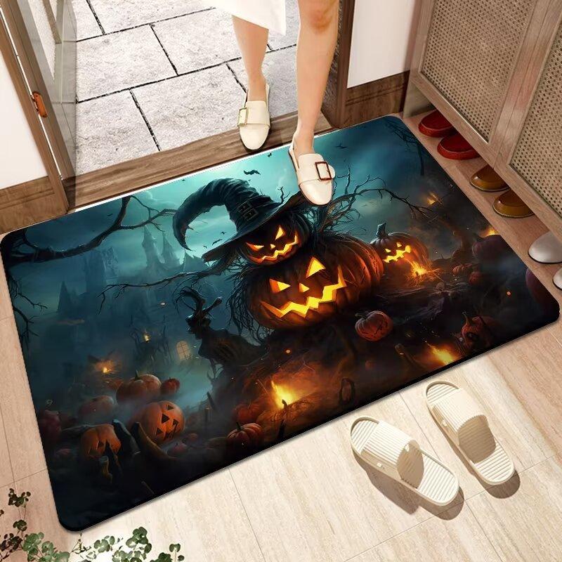 Жуткий Хэллоуин Мультяшный Нескользящий Мягкий Моющийся Ковер Коврик для Двери - Тыква Привидение Черный Кот Летучая Мышь Праздничное Украшение для Дома