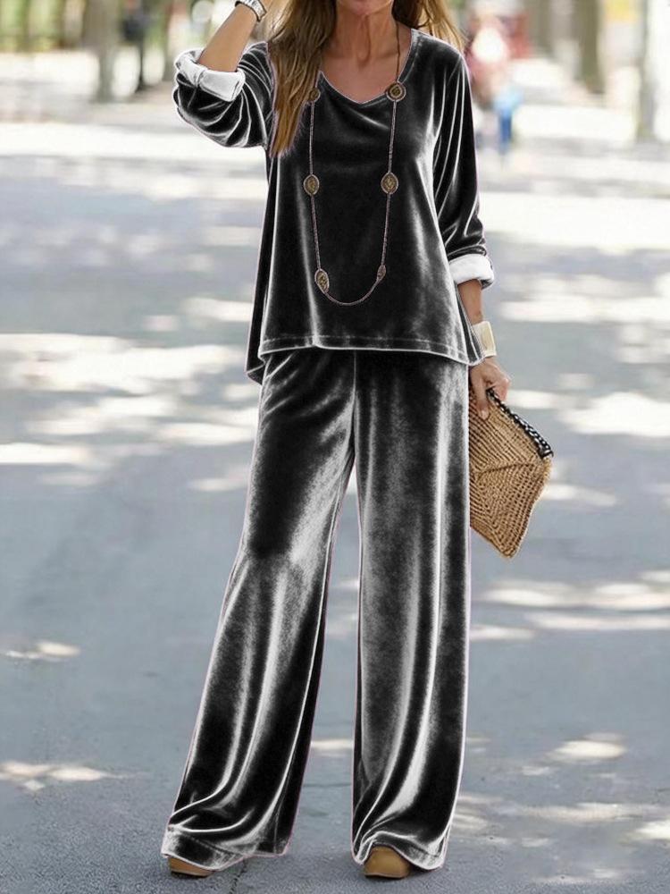 2025 foreign trade cross-border new women's clothing, casual V-neck pullover, long sleeves and trousers, velvet multi-color women's suit