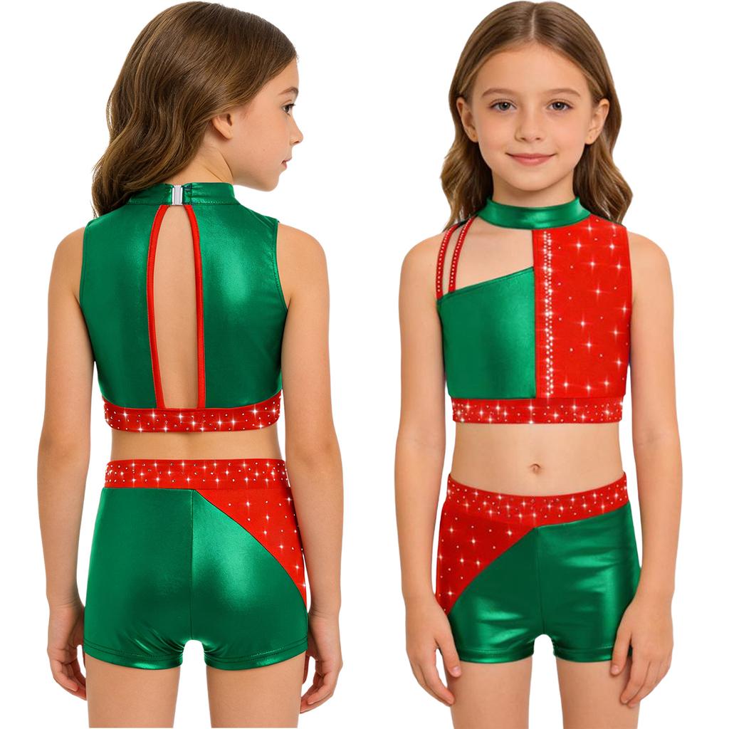 Блестящий костюм для выступлений со стразами для девочек: Металлический кроп-топ с цветовыми блоками и matching эластичные шорты для сцены