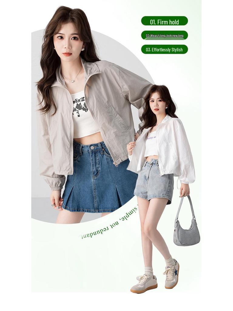 Women's Summer Lightweight Lapel Sunscreen Jacket: Short, Breathable, and Casual Sun Protection Top.