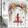 Маленькая девочка, качающаяся на деревьях, Цветочная бабочка, Занавеска для душа, Декоративная занавеска для душа для ванной комнаты, Водонепроницаемая занавеска для душа с