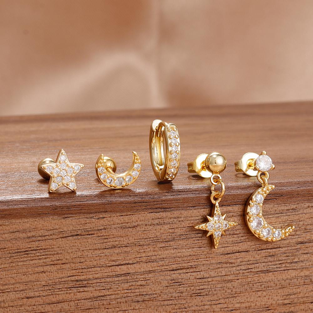 5PCS New Design Gold Color Ear Stud Earring Set For Women Zircon Star Moon Punk Piercing Earrings Helix Tragus Piercing Jewelry