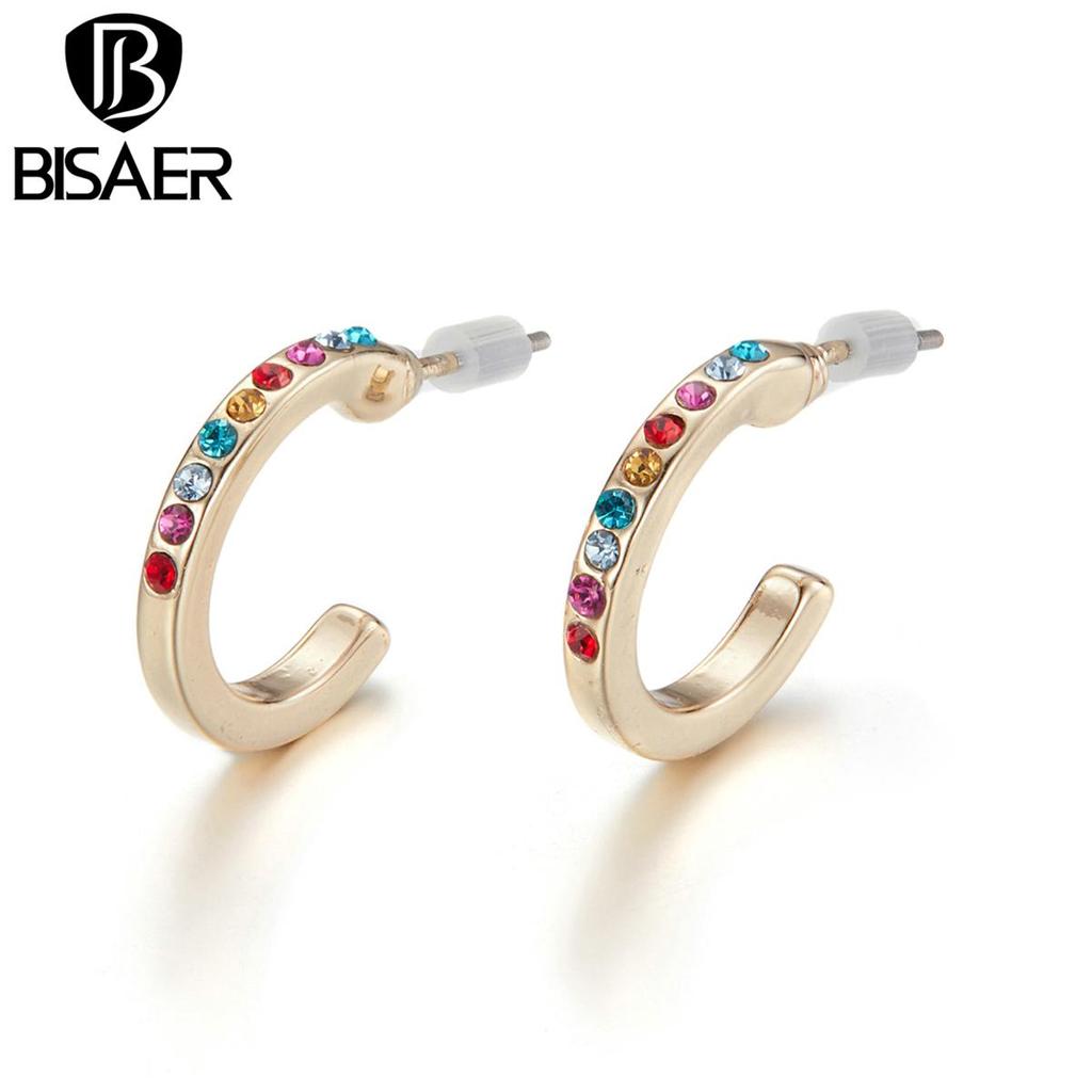 Bisaer Bright Colorful Rhinestones Circular Shape Stud Earrings for Women Fine Jewelry