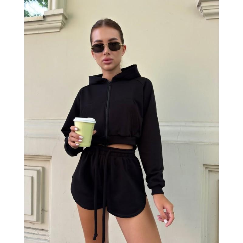 Womens Casual Hooded 2-Piece Set Long Sleeve Zip-Up Top With Drawstring Shorts Streetwear Outfit