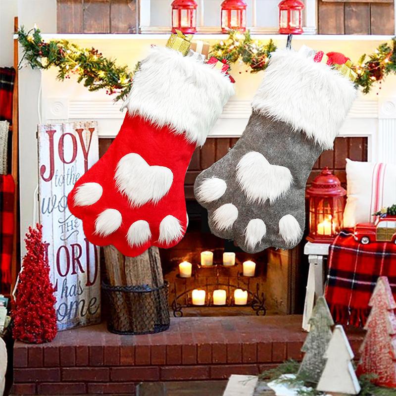 1PC Dog Paw Print Christmas Stockings for Tree Decor Matching Red-Grey Christmas Sock & Bag Set 44x22cm