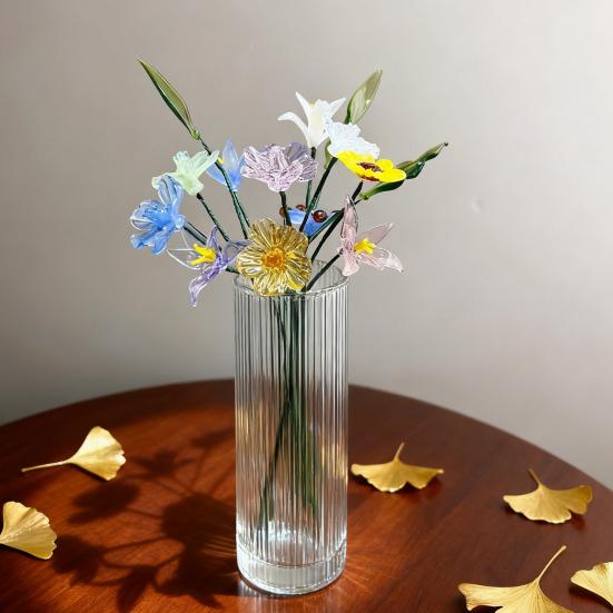 Hand-Blown Glass Flower Decoration with Wire Stem Handmade Colored Glaze Floral Figurine Home Living Room Office Table Flower Vase Ornament