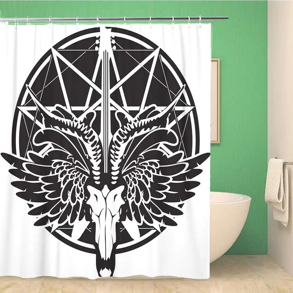Шторка для душа Пентаграмма с демоном Бафометом Сатанинская козлиная голова Двоичный символ Тату Водонепроницаемый набор штор для ванной с крючками