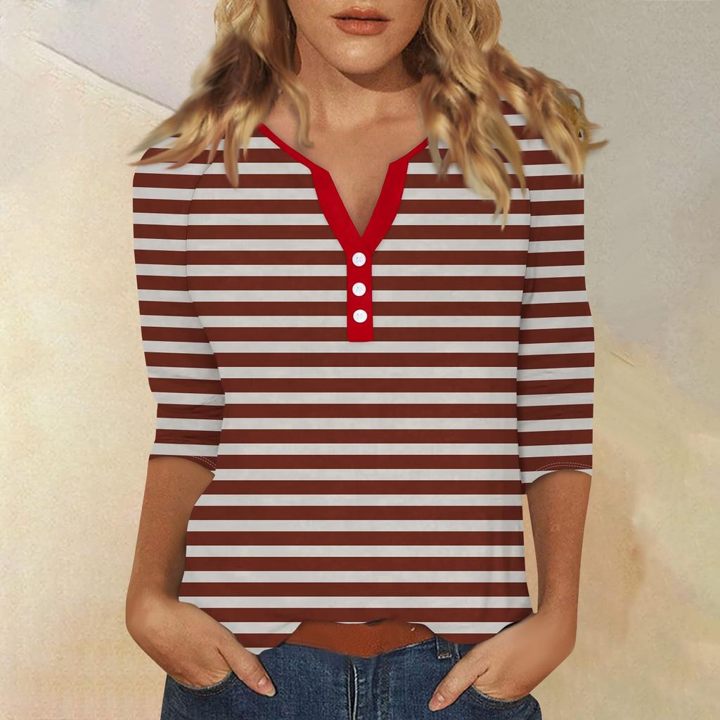 Жен. Футболка Футболка С принтом Пуговицы Рукав 3/4 Повседневные Выходные Мода Классический Классический V-образный вырез Обычный Верх