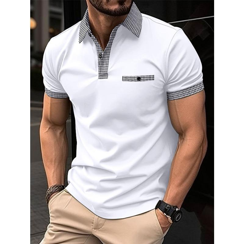 Men's White Houndstooth Patch Pocket Lapel Short Sleeve Slim Fit Polo Shirt