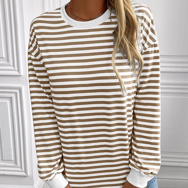 Striped T-Shirts Women’s Loose Long Sleeve Pullover Round Neck T-shirt Top