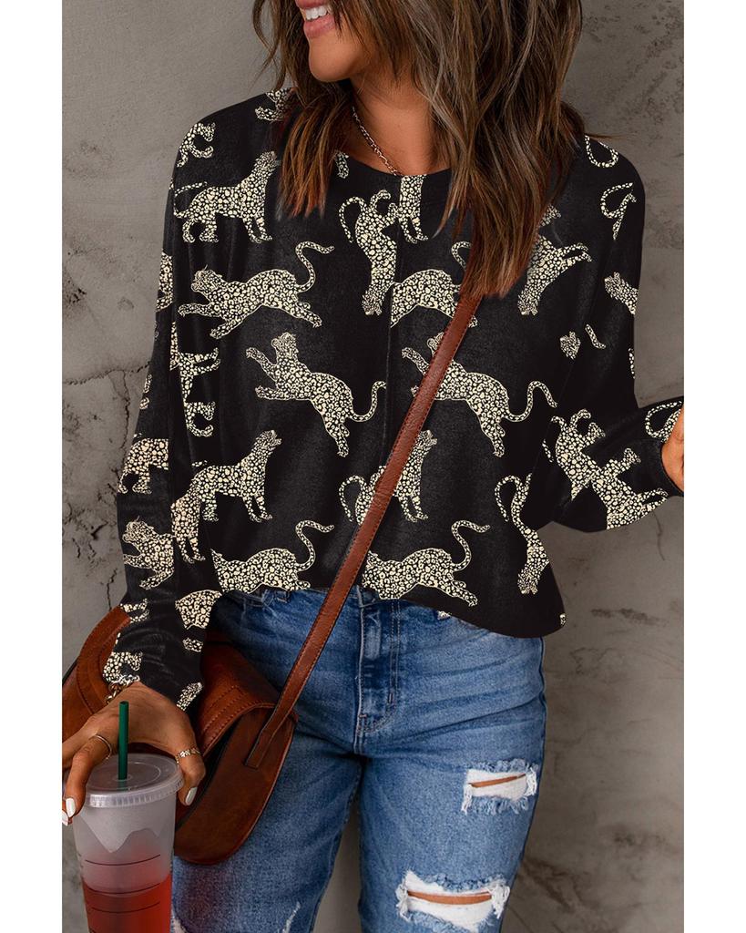Azura Exchange Черный топ с длинными рукавами и ярким принтом гепарда