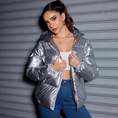 Зимняя модная блестящая куртка-пуховик с капюшоном для женщин с длинным рукавом, однотонная, облегающая, теплая, хлопковая куртка-парка