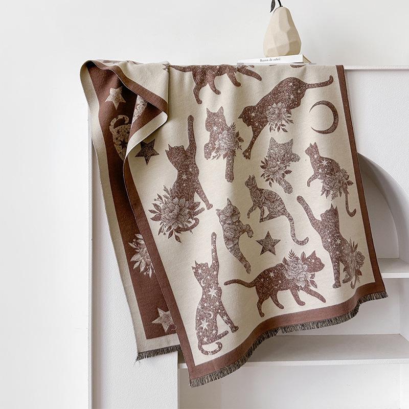 Autumn/Winter Double-Sided Imitation Cashmere Scarf with Cat Silhouette and Starry Sky Design