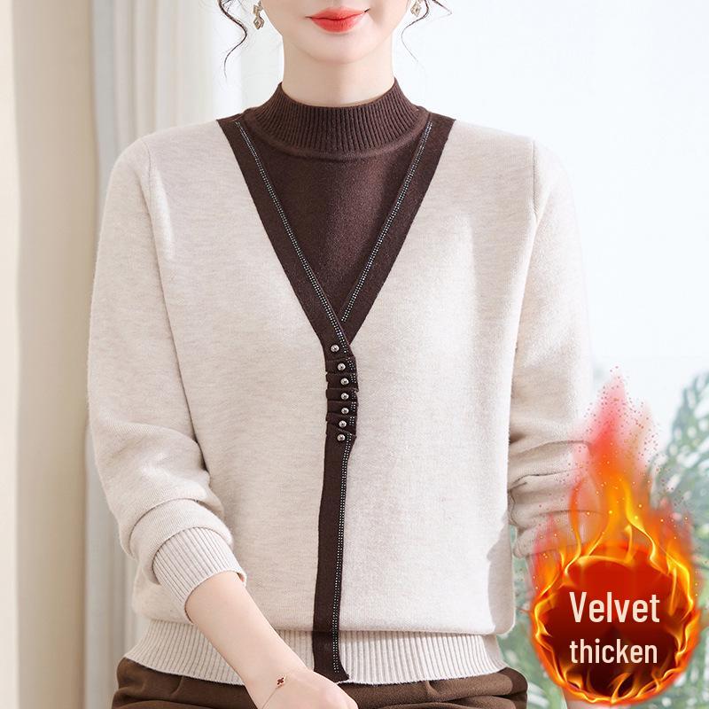 Mom's Red Fleece-Lined Winter Sweater - Perfect for New Year & Spring Festival for Middle-Aged and Elderly Women