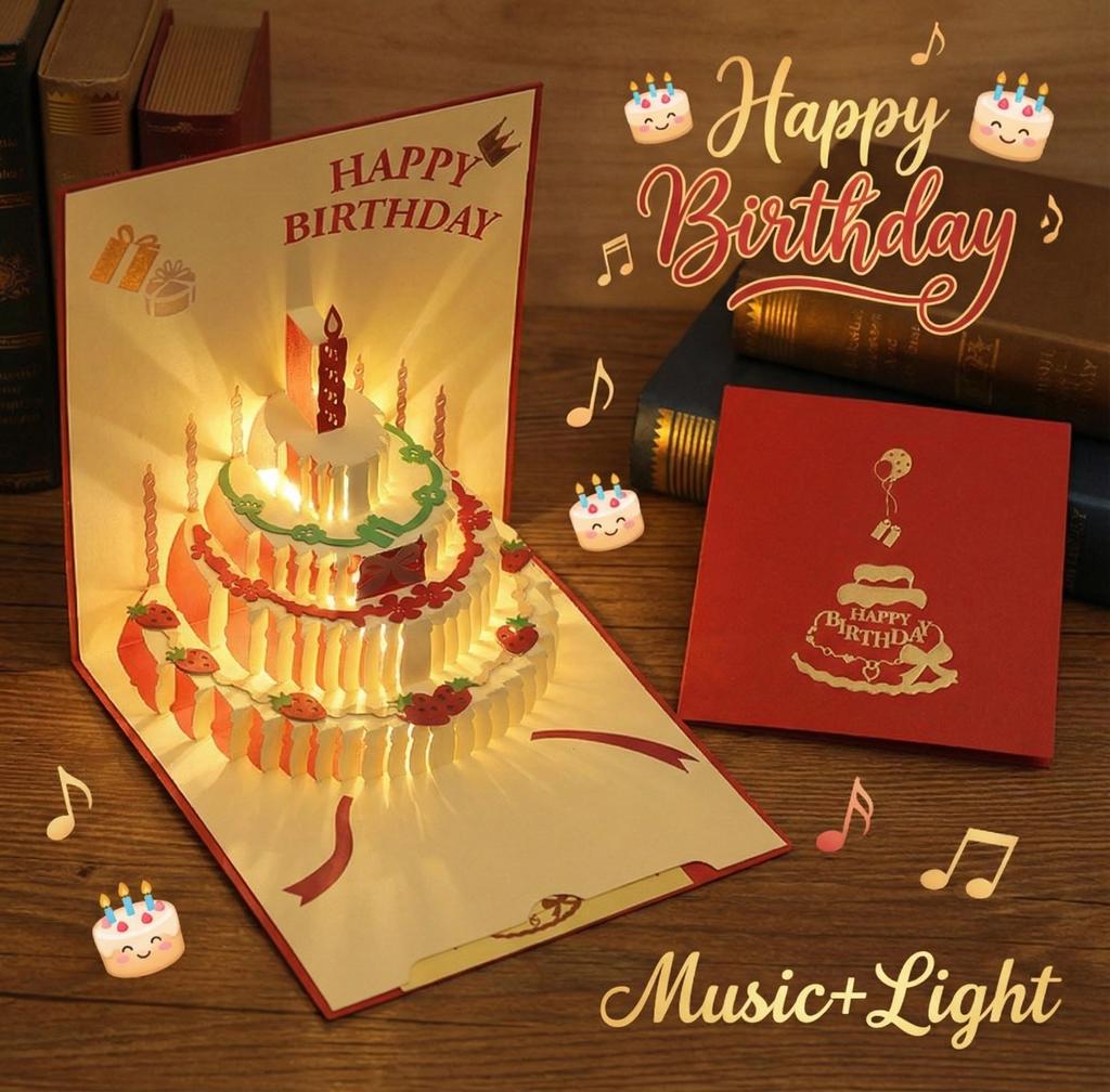 Birthday card with 3D light music pop-up cake creative greeting card gift message CARDS for happy birthday party