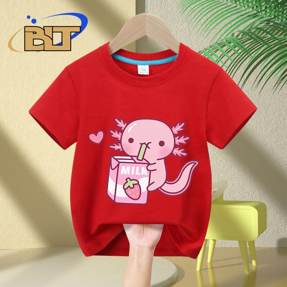 Cute strawberry milk graffiti print children's T-shirt summer short-sleeved casual tops for boys and girls