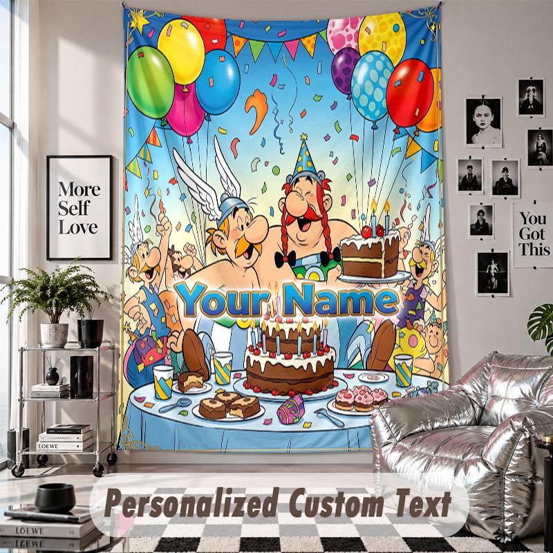 Wall Hanging Tapestry With Custom Name & Text, Asterix & Obelix Decorative Tapestry For Bedroom