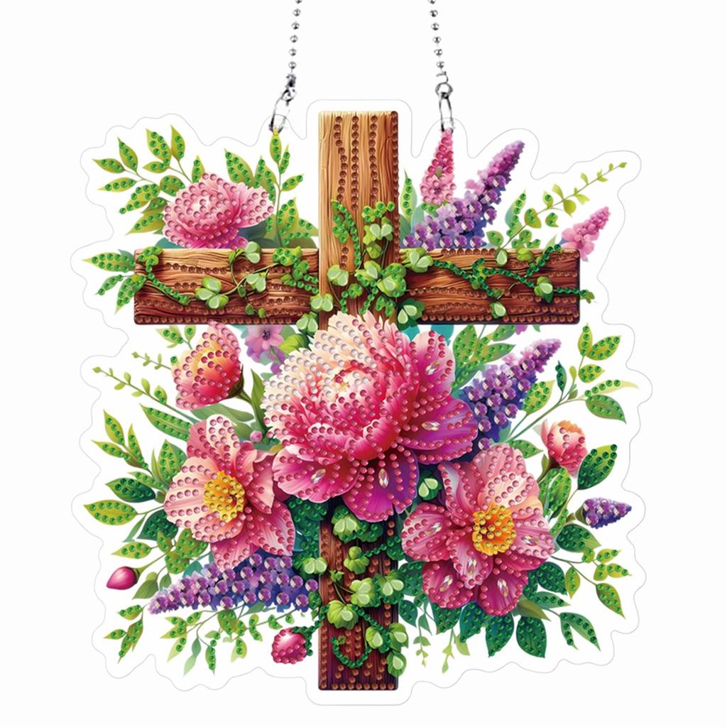 Acrylic Special Shaped Cross Flower Leaf Diamond Painting Hanging Ornaments Kit Rhinestone Diamond Art Window Pendants for Home