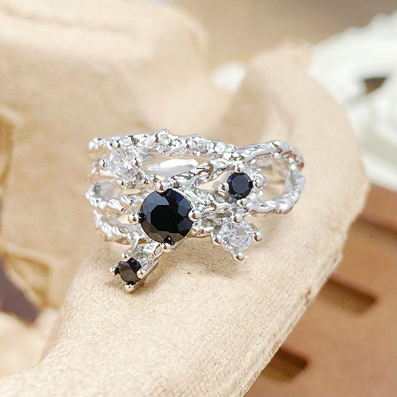 Punk Personality Dark Wind Black Zircon Irregular Opening Ring Female Niche Design Exquisite Stacked Ring Female