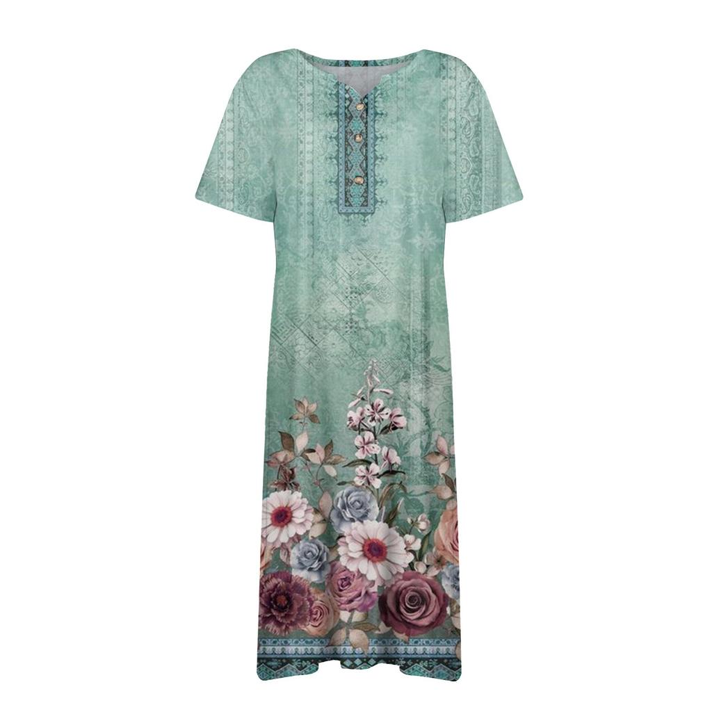 Women's Summer Casual Printed V-Neck Short-Sleeve Swing Dress