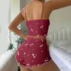 2 Pcs/Set Women Vest Shorts Suit Bow Cherry Print U Neck Sleeveless Top High Waist Short Trousers Homewear Loungewear Outfit Summer Sleepwear