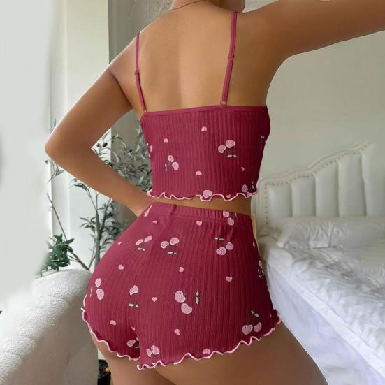2 Pcs/Set Women Vest Shorts Suit Bow Cherry Print U Neck Sleeveless Top High Waist Short Trousers Homewear Loungewear Outfit Summer Sleepwear