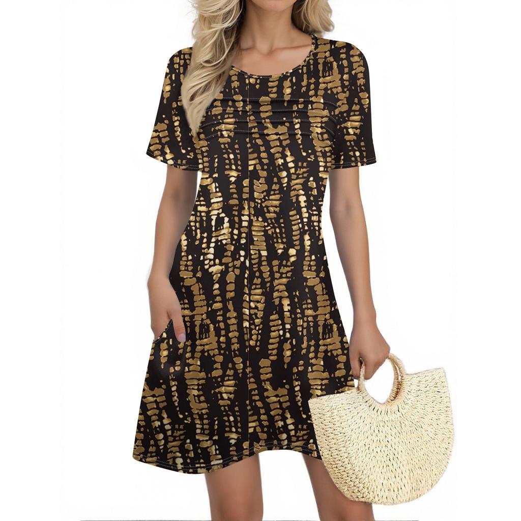 Женские летние платья Женские летние платья с цветочным принтом Повседневные платья с коротким рукавом и круглыми карманами