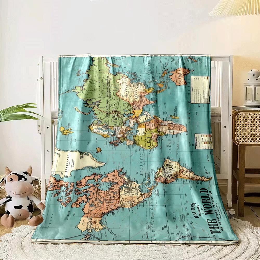 The map displays an inverted world projection with countries labeled clearly. for all seasons blanket lunch break throw gift