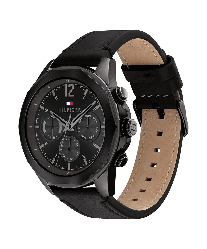 Tommy Hilfiger Multifunctional Stainless Steel Case and Leather Strap Black Modern Men's Watch, Color (Model 1792062), Black,