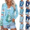Women's Fashion Casual Long Sleeve Christmas Printed V-Neck Button Top